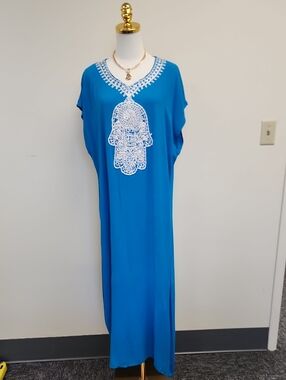 Blue Caftan Kaftan Dress Embroidered Hamsa Maxi Size M